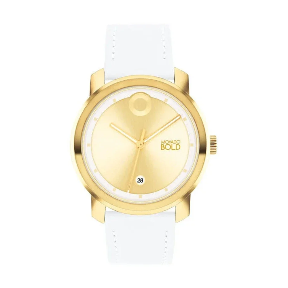 MOVADO BOLD 3600995 TREND PROPEL GOLD DIAL WHITE LEATHER STRAP WOMENS WATCH